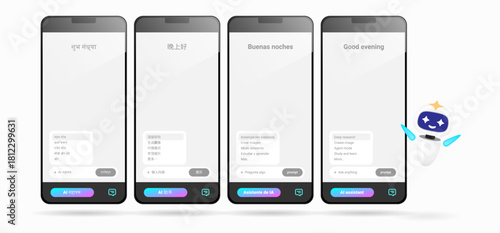 Multilingual AI assistant interface on mobile phone with chat windows in Arabic Hindi Chinese Spanish and English. Global chatbot media design for apps and UI.