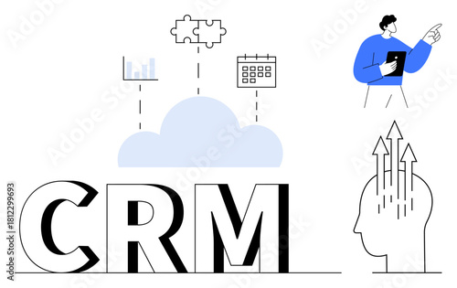 CRM concept. Cloud-based CRM connecting data analytics, planning, and decision-making. CRM systems boost customer management, business strategy, and productivity. For technology, business solutions