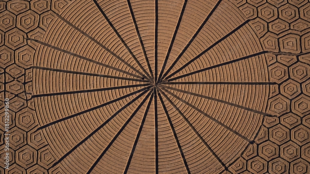 Obraz premium Geometric Patterned Pavement with Circular and Hexagonal Designs.