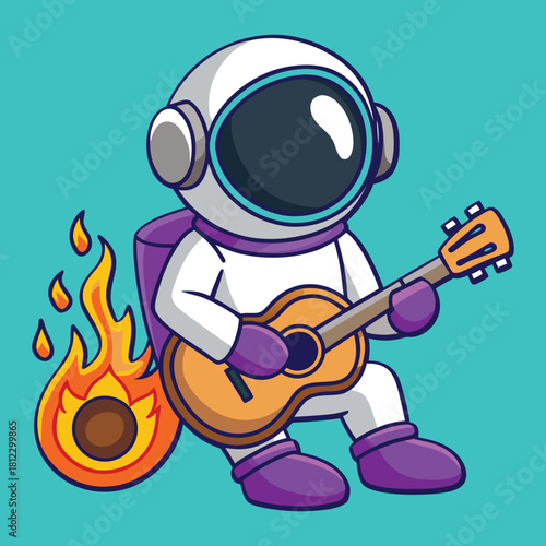 An astronaut plays a guitar next to a fire isolated on