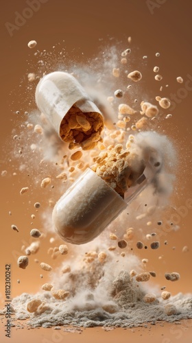Exploding capsule reveals contents of protein powder and nutrients in a dynamic display. Pharmaceutical industry concept, wellness and health recovery