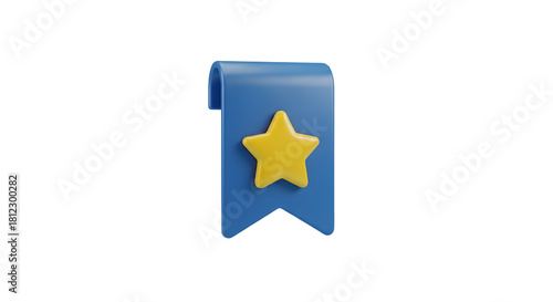 Title: 3D Blue Bookmark with Yellow Star Icon, Favorite and Important Item Symbol
