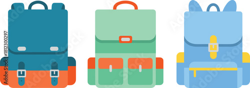 Colorful backpack vector set featuring modern school bags with pockets, straps, and simple flat design, perfect for education, travel, and student-themed illustrations