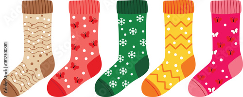 Colorful cozy patterned sock vector collection featuring winter snowflakes, butterflies, zigzags, and playful decorative designs perfect for seasonal, festive, and warm illustrations