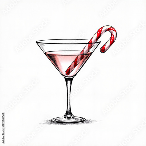 Candy cane cocktail in glass, festive drink, holiday spirit, isolated