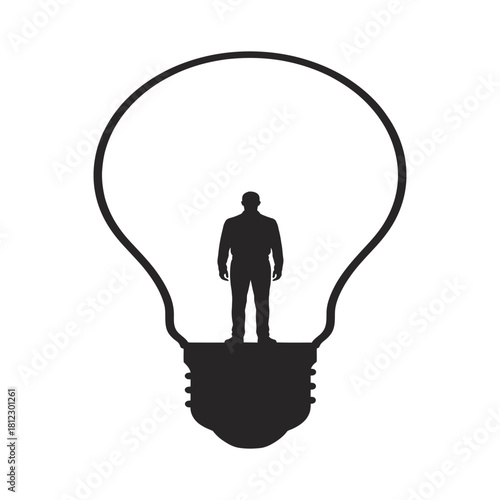 A man standing inside a lightbulb isolated on, representing idea generation, innovation, and the power of human intellect and creativity