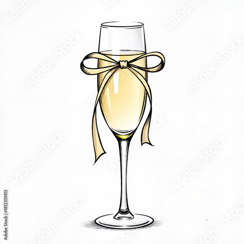 Elegant champagne glass with ribbon on flat white background, celebration