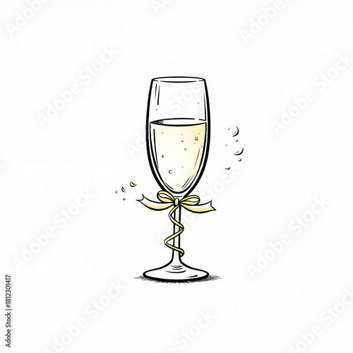 Champagne glass with ribbon in soft light, celebration concept