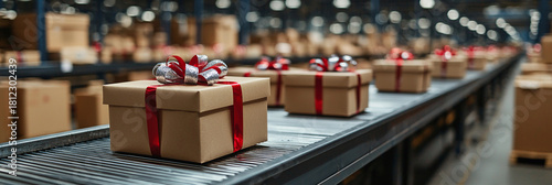 Gift boxes with red and silver ribbons on warehouse conveyor Generative AI
