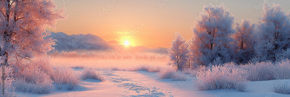 Naklejka premium Frozen meadow with hoarfrost at sunrise in winter Generative AI
