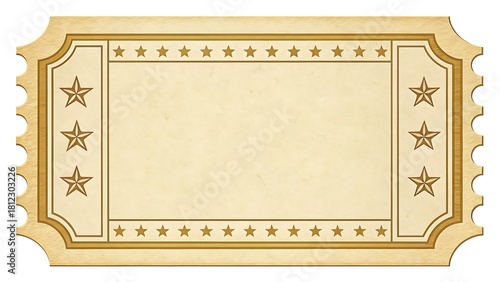 Vintage blank ticket stub template with decorative border featuring small stars, perfect for event admission, raffle entry, or retro design projects, isolated on white background