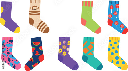 Photography Colorful playful patterned sock vector collection featuring whimsical designs wi
