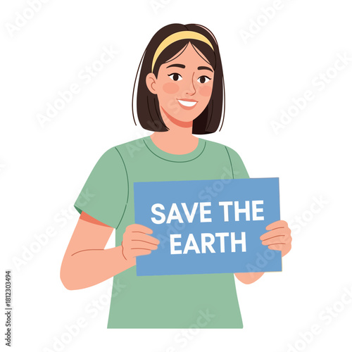 Flat Vector Illustration of Woman Holding Save the Earth Sign