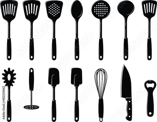 Hand Drawn Style Silhouette Set of Essential Kitchen Utensils and Cooking Tools for Food Preparation Graphics.