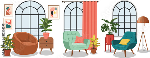 Cozy modern interior room vector set featuring stylish chairs, plants, windows, curtains, and decor elements perfect for home design, furnishing, and lifestyle illustrations
