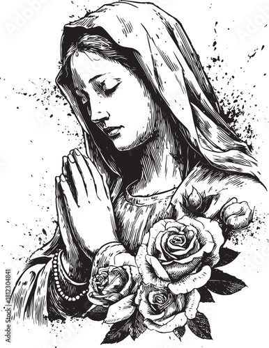 Praying virgin mary with roses isolated on