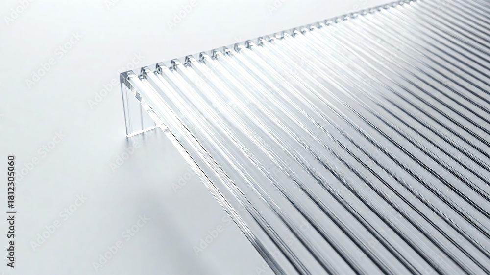 Obraz premium Close-up of sleek metallic blinds on white background for modern interior design, corporate presentation backdrop, or website hero image with copy space for text