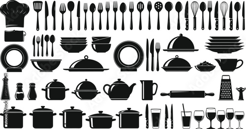 Large Silhouette Vector Set of Kitchen Utensils, Cookware, Cutlery, and Dishware for Cooking and Culinary Design.