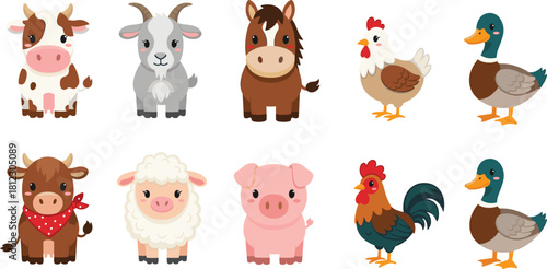 Cute cartoon farm animals in a colorful vector set, featuring cows, goats, horses, chickens, ducks, sheep, pigs, and roosters for children’s designs