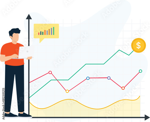 Man analyzing financial chart with laptop showing business growth and stock market trends. Data visualization of investment strategy, profit graph, and economic report for financial success.