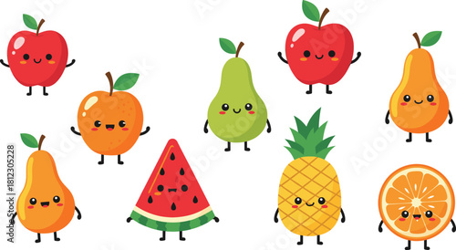 Cute cartoon fruit character vector set featuring smiling apples, pears, oranges, watermelon, and pineapple, perfect for healthy food designs and children’s illustrations