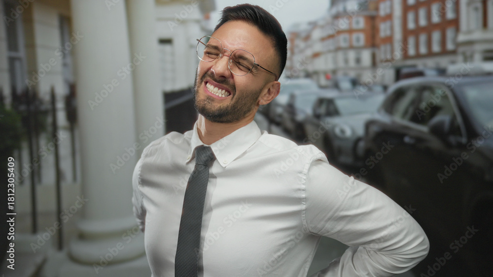 Naklejka premium Young man with beard grimacing in pain on urban street in a city setting, wearing glasses, smart attire, amidst parked cars and historical buildings in urban surroundings.