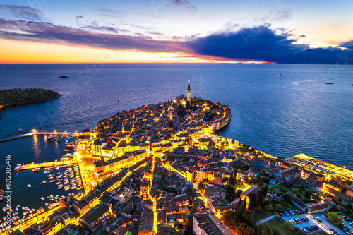 Town of Rovinj historic peninula aerial dusk view