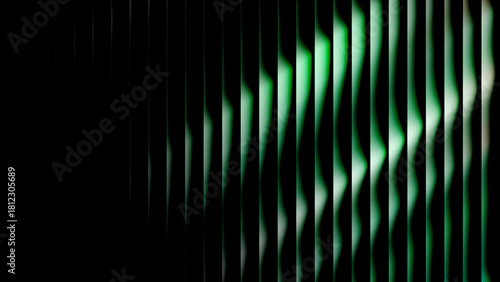 Dynamic abstract green light waves flowing through vertical dark bars, creating a modern futuristic digital pattern
