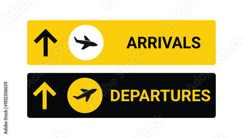 Airport sign vector with arrivals, departures, baggage claim, and transfer directions, information board signs for airport navigation, check-in and travel guidance panel.