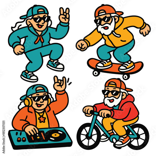 Cool urban elderly people wearing colorful streetwear, skateboarding, cycling, DJing, and dancing
