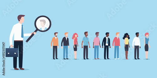 Recruiter magnifying a candidate in a line of people