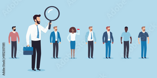 Recruiter inspecting candidates with magnifying glass