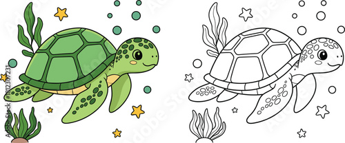 Cute sea turtle illustration with matching underwater coloring page featuring seaweed, bubbles, and stars, perfect for kids’ ocean-themed artwork and educational designs
