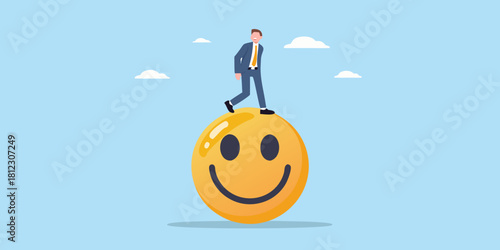 Businessman walking on a giant smiley face