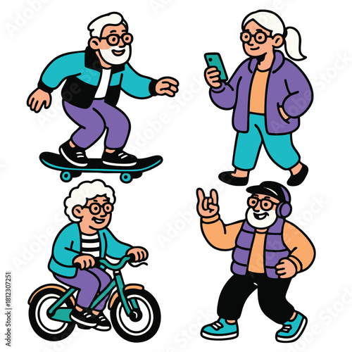 Elderly man skateboarding, elderly woman using smartphone, senior woman cycling, senior man