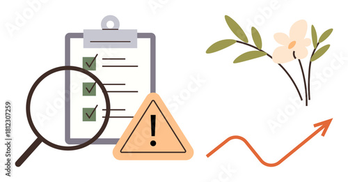 Magnifying glass over checklist, caution sign, flower, upward arrow Ideal for project management, risk assessment, growth planning, productivity, caution attention to detail. Simple flat metaphor