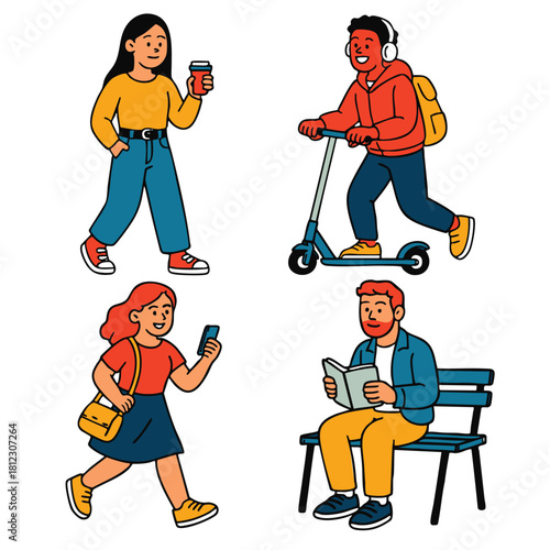 Young woman holding coffee, man riding scooter, woman using phone, man reading bench