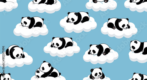 Cute baby pandas sleeping peacefully on fluffy white clouds in a dreamy light blue sky, creating a charming and whimsical pattern.