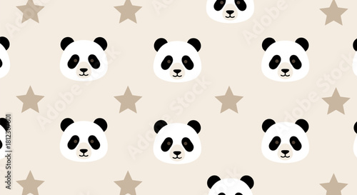 Cute cartoon panda faces and stars seamless pattern on a light beige background.
