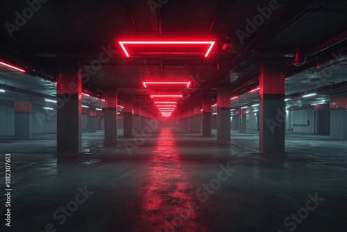 Bright red neon lights illuminate an empty underground parking garage at night creating an eerie and modern atmosphere