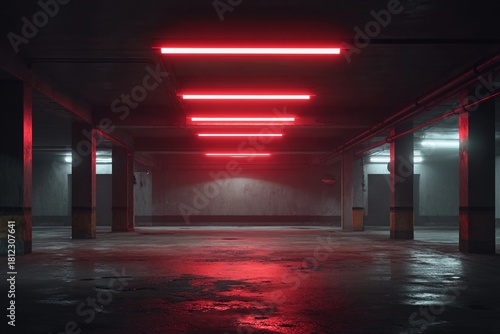 Modern empty underground parking garage with red and white lighting in a clean urban setting