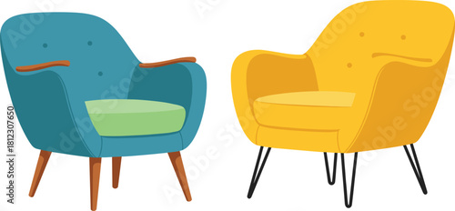 Modern colorful armchair vector set featuring stylish upholstered lounge chairs with wooden and metal legs, perfect for home decor, interior design, and furniture illustrations