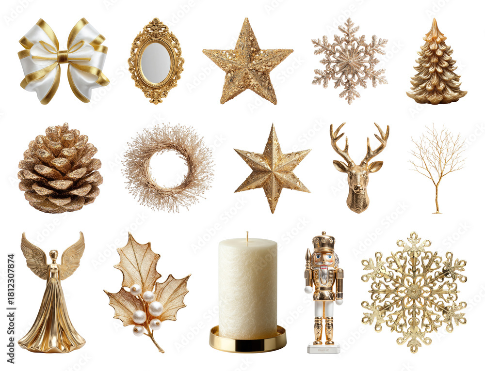 Fototapeta premium PNG Elegant gold Christmas decorations collection, element set on transparent background
