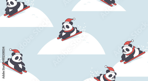 Cute cartoon pandas wearing Santa hats and scarves snowboarding down snowy hills, light blue background pattern.