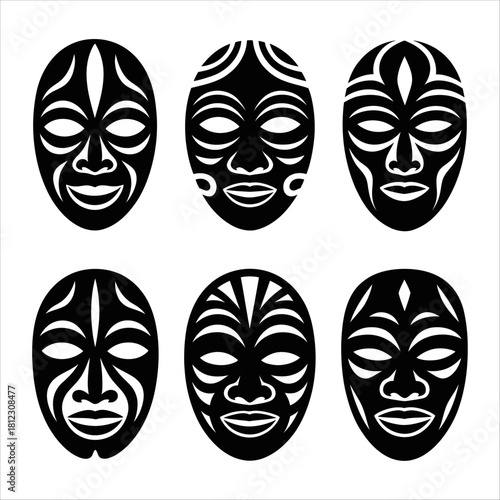 Six black tribal masks with white patterns on a white background Keywords: tribal mask, face, tribal