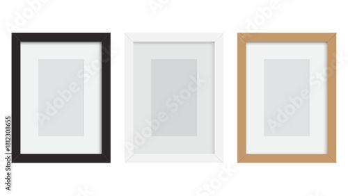 Picture frame. Black, white and brown wooden frames on white background