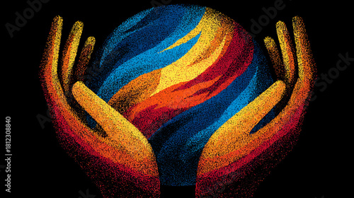 Vibrant textured illustration of hands cradling a colorful world sphere, symbolizing global unity, environmental care, diversity, and protection.