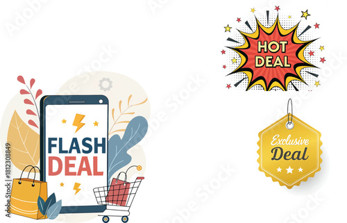 Flash deal promotion with smartphone and shopping cart hot deal and exclusive deal badges vector illustration for marketing campaign