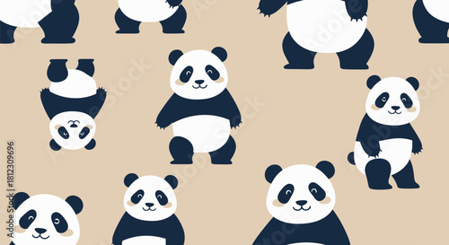 Cute cartoon pandas in various playful poses on a light brown background, creating a charming pattern.