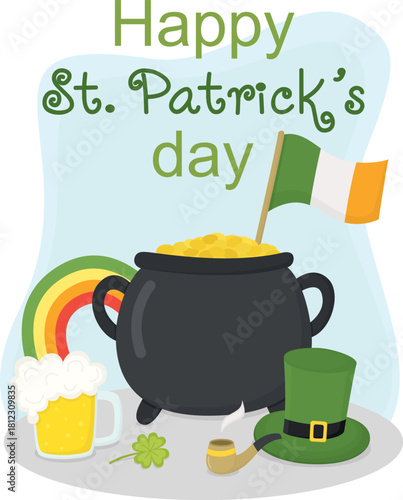 St. Patrick’s Day card composition with pot of gold, beer, rainbow, green hat, smoking pipe, Irish flag and shamrock leaf